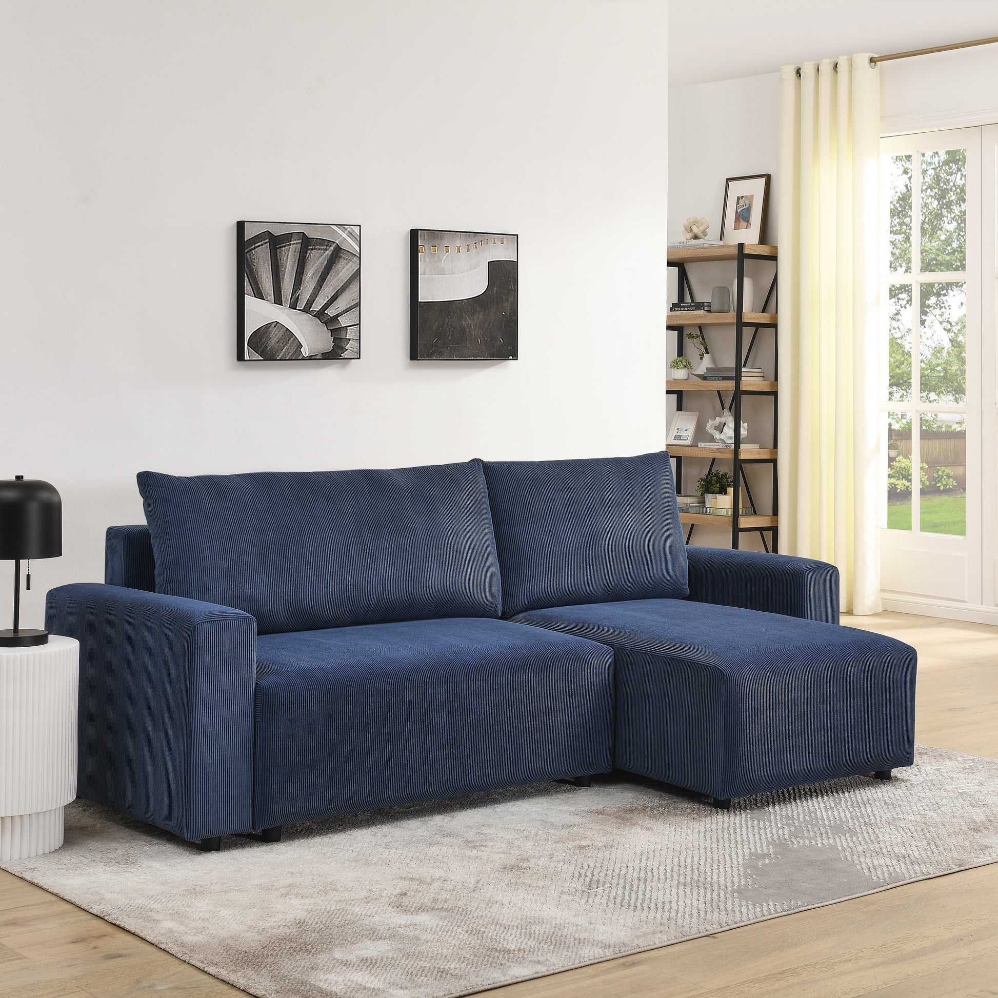 Modular Corduroy Upholstered 3 Seater Sofa Bed with Storage for Home Apartment Office Living Room, Free Combination, L Shaped , Blue