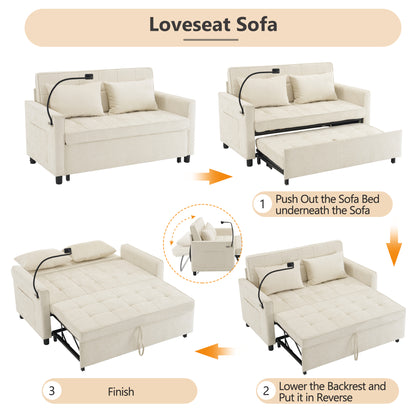 56.9" Loveseat Sofa Pull-out Sofa Bed Sleeper Sofa with a Reversible Backrest Cushion, Side Pockets, Two USB Ports and a Phone Holder for Living Room, Beige