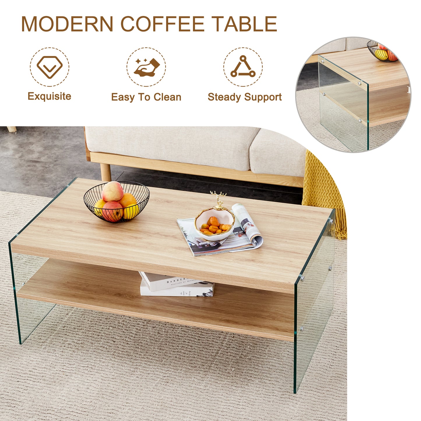 Double layered rectangular coffee table.The board is made of MDF with wooden stickers, with transparent tempered glass on both side.Suitable for various occasions such as living rooms and bedrooms.