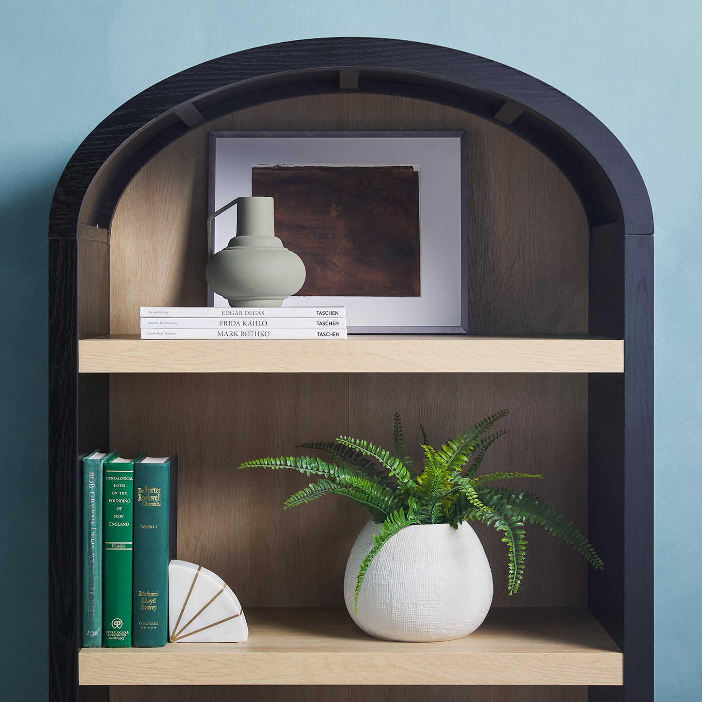 Modern 3 Shelf Open Arched Bookcase Cabinet Oak/Black