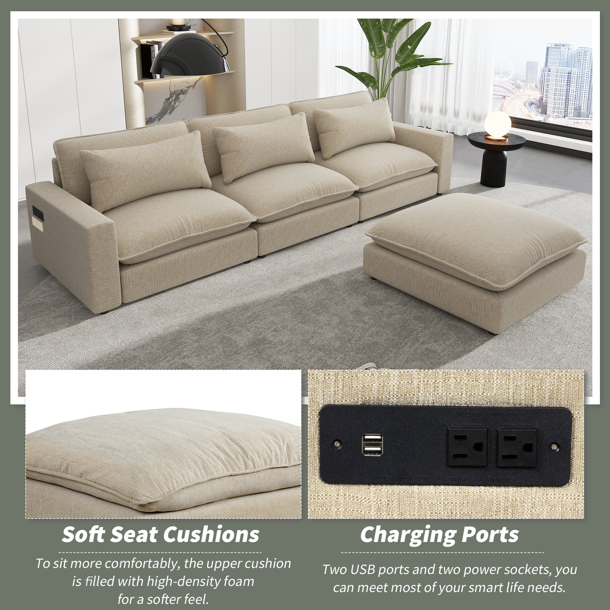 128" Sectional Sofa Cloud Sofa Chenille Upholstered Sofa  Couch with Movable Ottoman, Comfortable Seat Cushions, Charging Ports and Three Back Pillows for Living Room, Beige