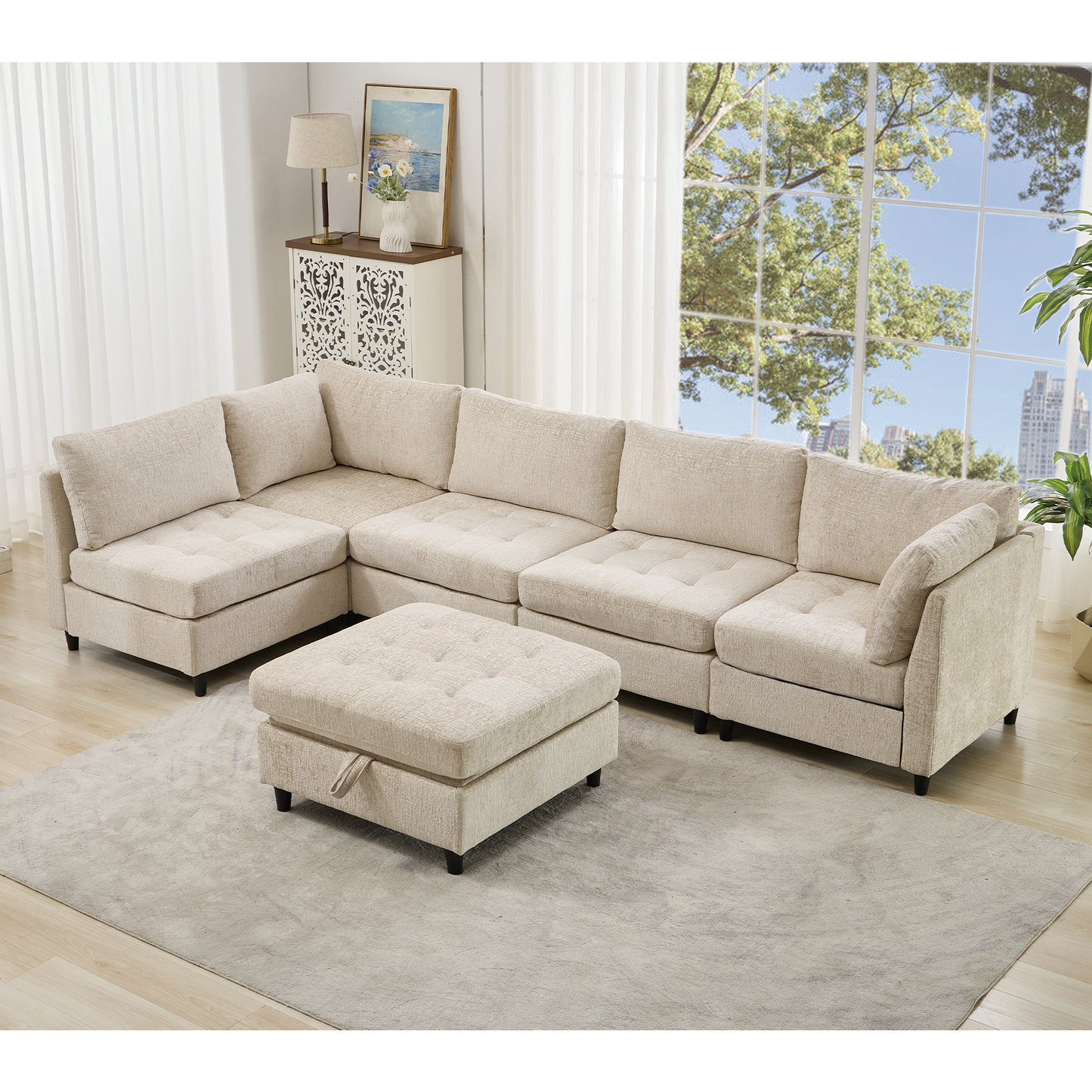 [NEW ARRIVED] [VIDEO PROVIDED]   Modular Sectional Couch with Storage Ottoman, U Shaped Sofa, Storage Ottoman,Minimalist ,Convertible Modular Sofa,Chenille ,Upholstered,6 Seat,Living Room,  Beige