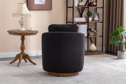 035-Boucle Fabric Swivel Accent Chair With Soild Wood Round Brown Base Leg,Black