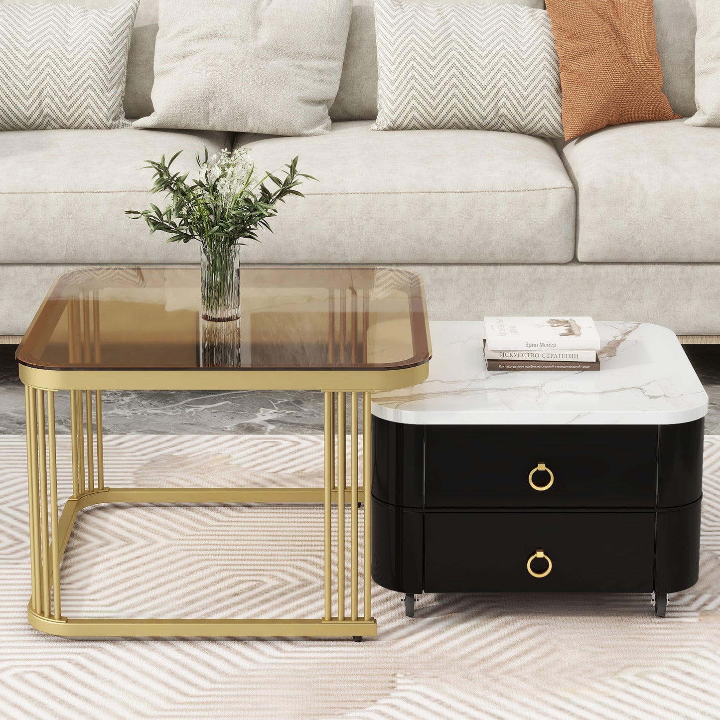 ON-TREND 2-in-1 Square Nesting Coffee Table with Wheels & Drawers, Stackable Side Table with High Gloss Marble Grain Top, End Table Set with Brown Tempered Glass for Living Room, Black