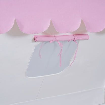 Wooden Full Size Tent Bed with Fabric for Kids,Platform Bed with Fence and Roof, White+Pink