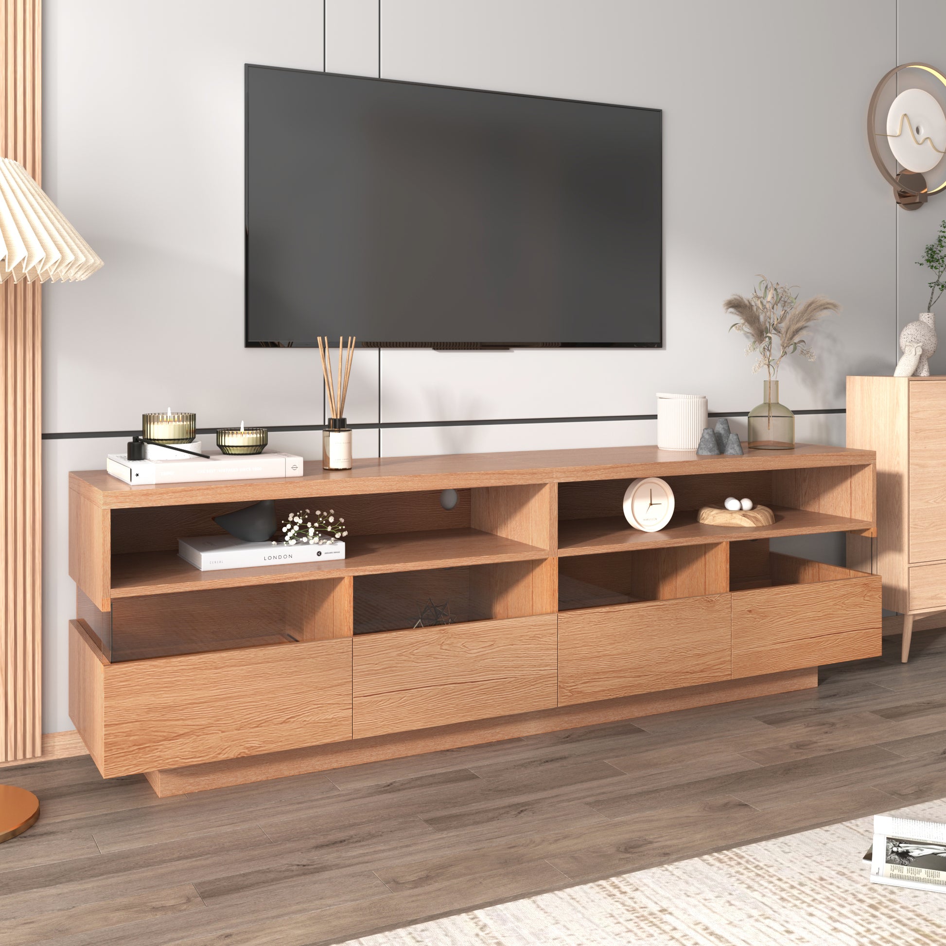 Modern TV with 4 Drawers& 2 open Cabinets, Media Console Table for TVs up to 75'', Entertainment Center with Acrylic transparent Storage Space for Living Room, Bedroom, Home Theatre