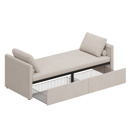 Modern Upholstered Chaise Lounger Daybed Small Single Daybed with 2 Drawers, No Mattress Needed, Perfect For Living Rooms & Home Office, Linen Fabric, Beige