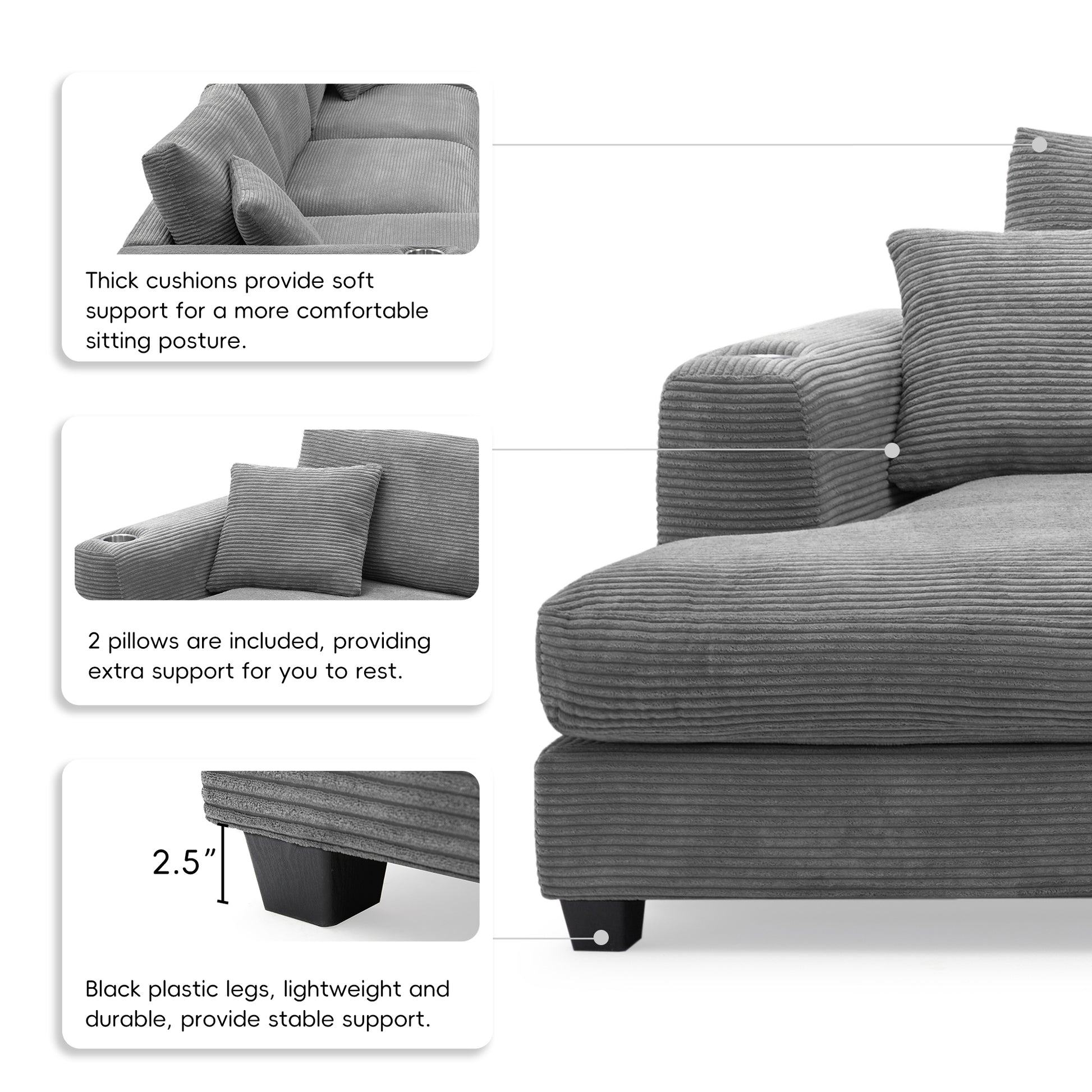 [VIDEO provided][New]134*54"Oversized Corduroy Sectional Sofa,L Shaped Cloud Couch with USB Charging Port,Cup Holder,Deep Seat Sofa Bed with 50" Chaise,Comfy Indoor Furniture for Living Room,3 Colors