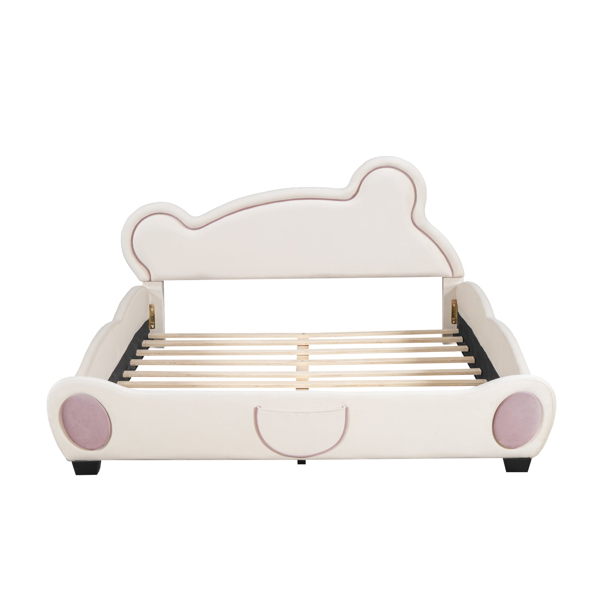 Queen Size Velvet Platform Bed with Bear-Shaped Headboard, with Drawers, with Bed-End Storage Pocket, Beige