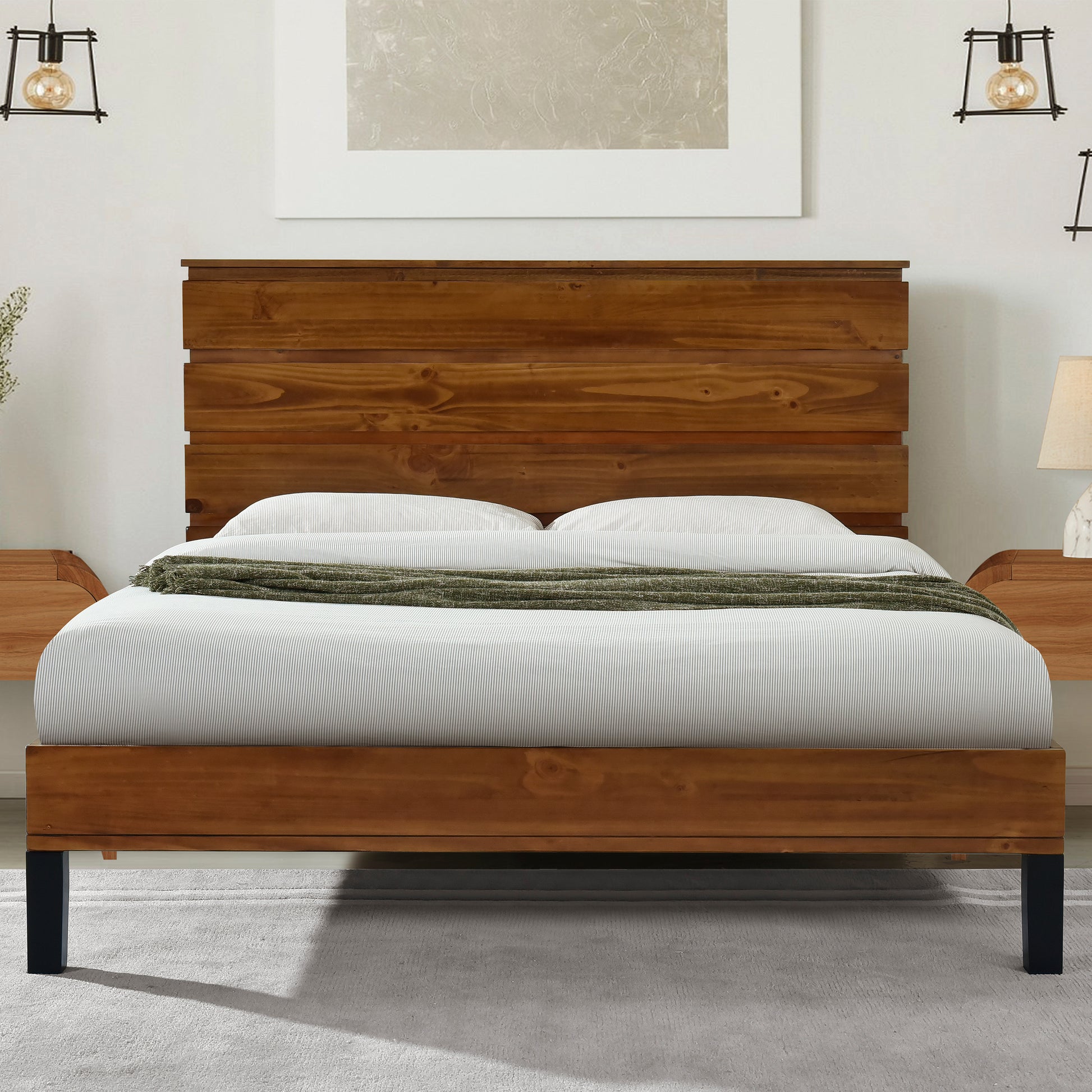 Mid-Century Modern Solid Wood Bed Frame Queen Size Platform Bed with Six-Piece Headboard Design, No Box Spring Needed, Brown