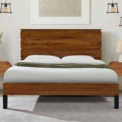 Mid-Century Modern Solid Wood Bed Frame Queen Size Platform Bed with Six-Piece Headboard Design, No Box Spring Needed, Brown