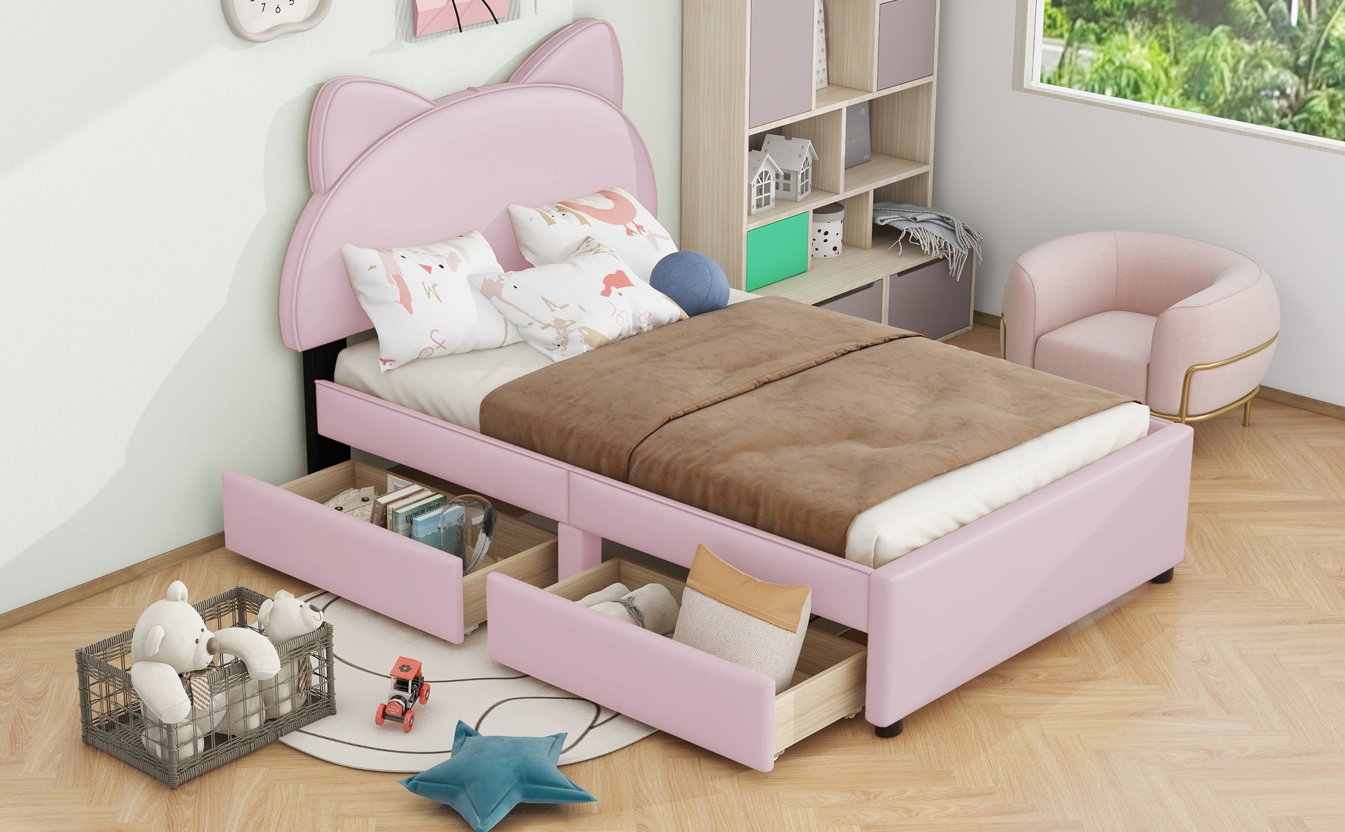 Twin Size Upholstered Platform Bed with Cartoon Ears Shaped Headboard and 2 Drawers, Pink