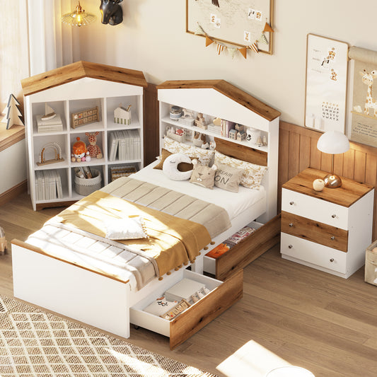 3-Pieces Bedroom Sets, Twin Size House-Shaped Wooden Bed with Storage Drawers, Nightstand with Colorblock Design and House-shaped Stroage Rack, Brown+White