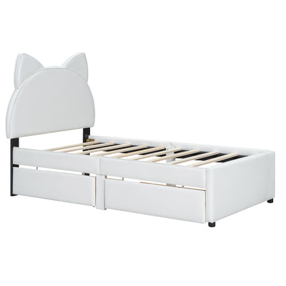 Twin Size Upholstered Platform Bed with Cartoon Ears Shaped Headboard and 2 Drawers, White