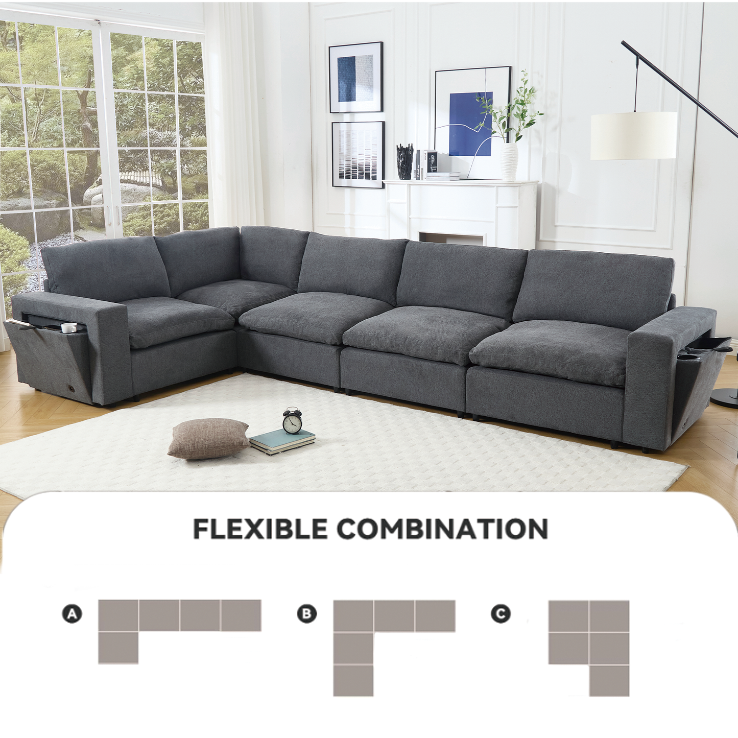 [NEW ARRIVED] [VIDEO PROVIDED]Sectional Couches For Living Room,Modular Couch,Wireless Charging Port & Cup Holders,5-seat ,DIY Combination,L-shaped Sofa,Book Storage Space,Soft Linen Fabric,Gray