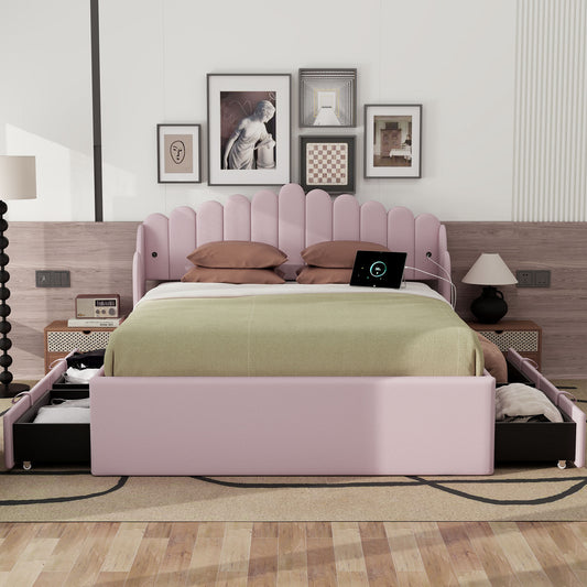 Queen Size Upholstered Platform Bed with 4 Drawers and 2 USB, Pink(Expected Arrival Time: 4.28)