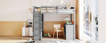 Full Size Loft Bed with Ladder, Shelves, and Desk, Gray