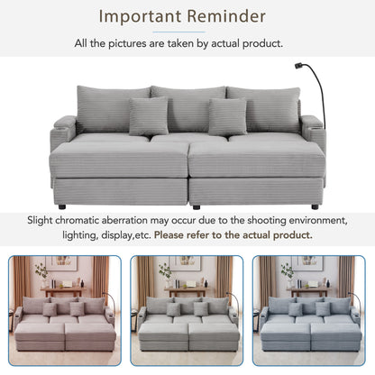 95.3" Modern Style 3-Seater Sofa Sectional Sofa Couch with Storage Space, Two Movable Ottomans, Two USB Ports, Two Cup Holders, A Phone Holder for Living Room, Grey