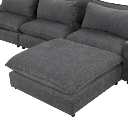 128" Sectional Sofa Cloud Sofa Chenille Upholstered Sofa  Couch with Movable Ottoman, Comfortable Seat Cushions, Charging Ports and Three Back Pillows for Living Room, Grey