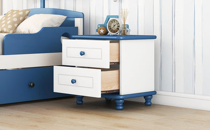 Wooden Nightstand with Two Drawers for Kids,End Table for Bedroom,White+Blue