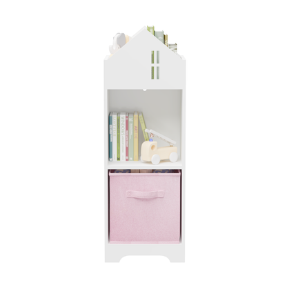 Kids Dollhouse Bookcase with Storage, 2-Tier Storage Display Organizer, Toddler Bookshelf with Collapsible Fabric Drawers for Bedroom or Playroom (White/Pink)