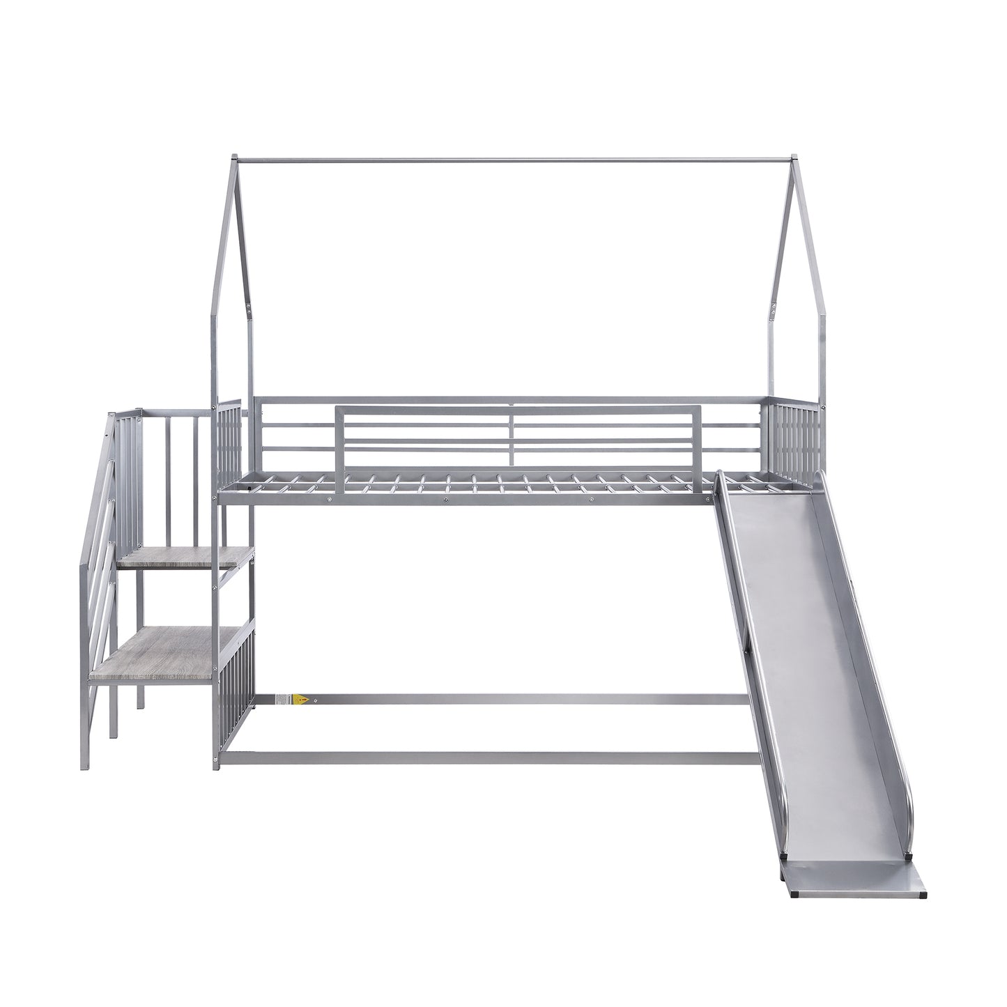 Twin over Twin Metal Bunk Bed House Bed with Slide and Staircase, Silver