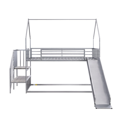 Twin over Twin Metal Bunk Bed House Bed with Slide and Staircase, Silver