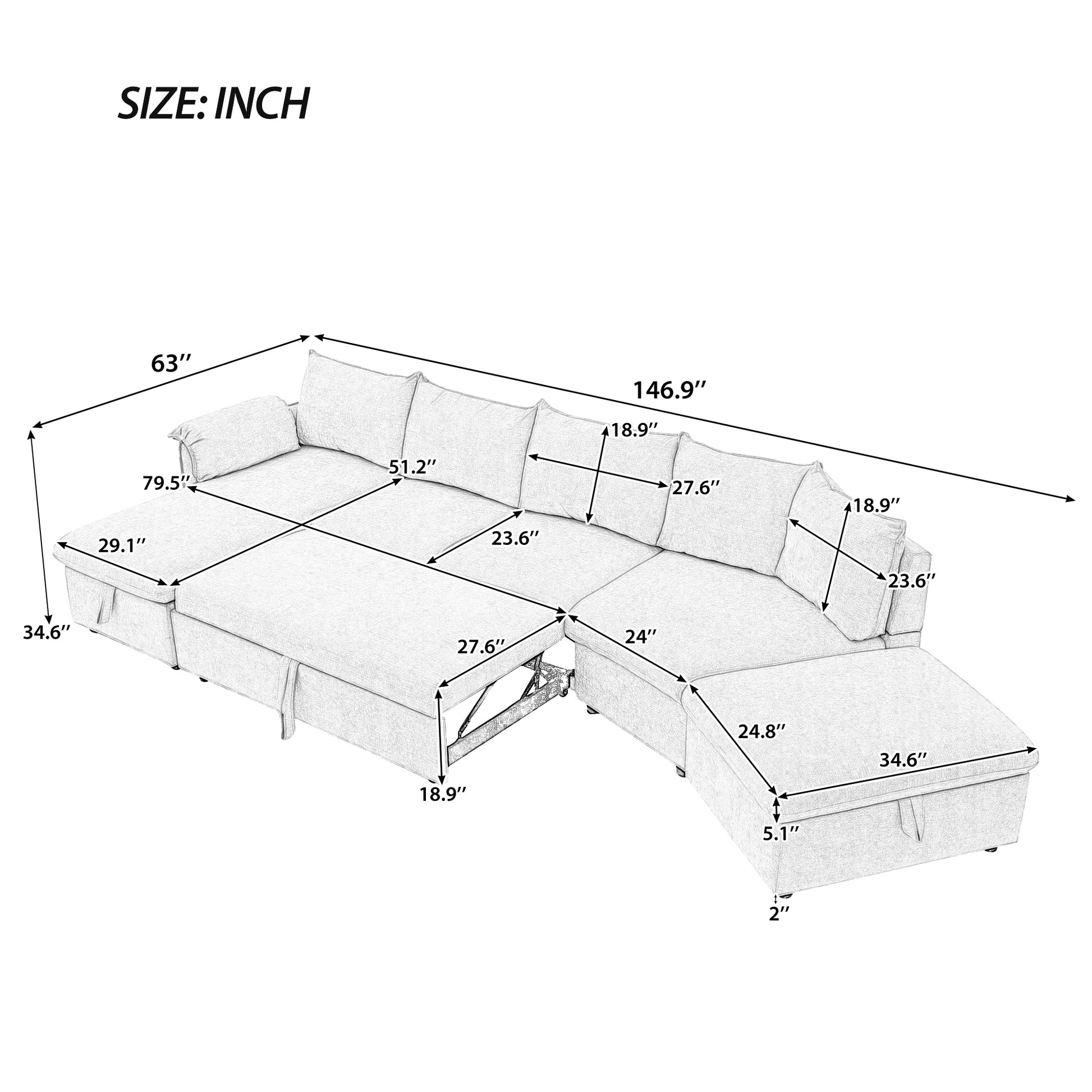 146.9" L-shaped Sofa Sectional Sofa Couch Pull-out Sofa Bed with a Movable Storage Ottoman, a Storage Chaise Lounge and Two USB Ports for Living Room, Beige