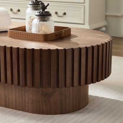 43.70 Inch Modern Handcraft Drum Coffee Table Oval Coffee Table for Living Room,Small Wooden Coffee Table with Sturdy Pedestal for Office,Walnut