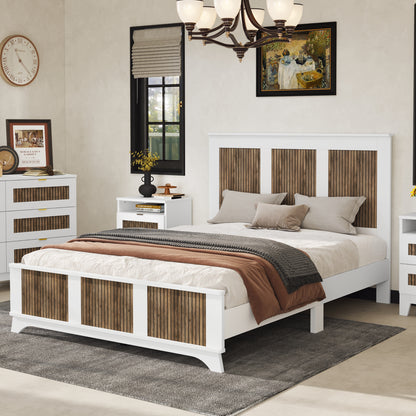 Farmhouse Wooden Platform Queen Size Bed, Modern Platform Bed with Wooden Strip Decoration, Plywood Slats Support, White