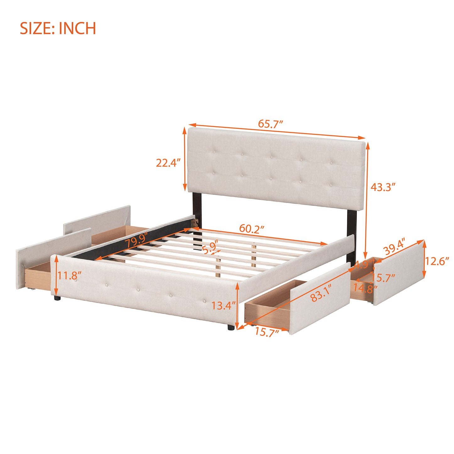 Upholstered Platform Bed with Classic Headboard and 4 Drawers, No Box Spring Needed, Linen Fabric, Queen Size Beige(OLD SKU :LP000114AAA)