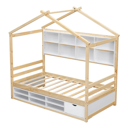 Twin House Bed with Roof Frame, Bedside-shelves, Under Bed Storage Unit,Natural