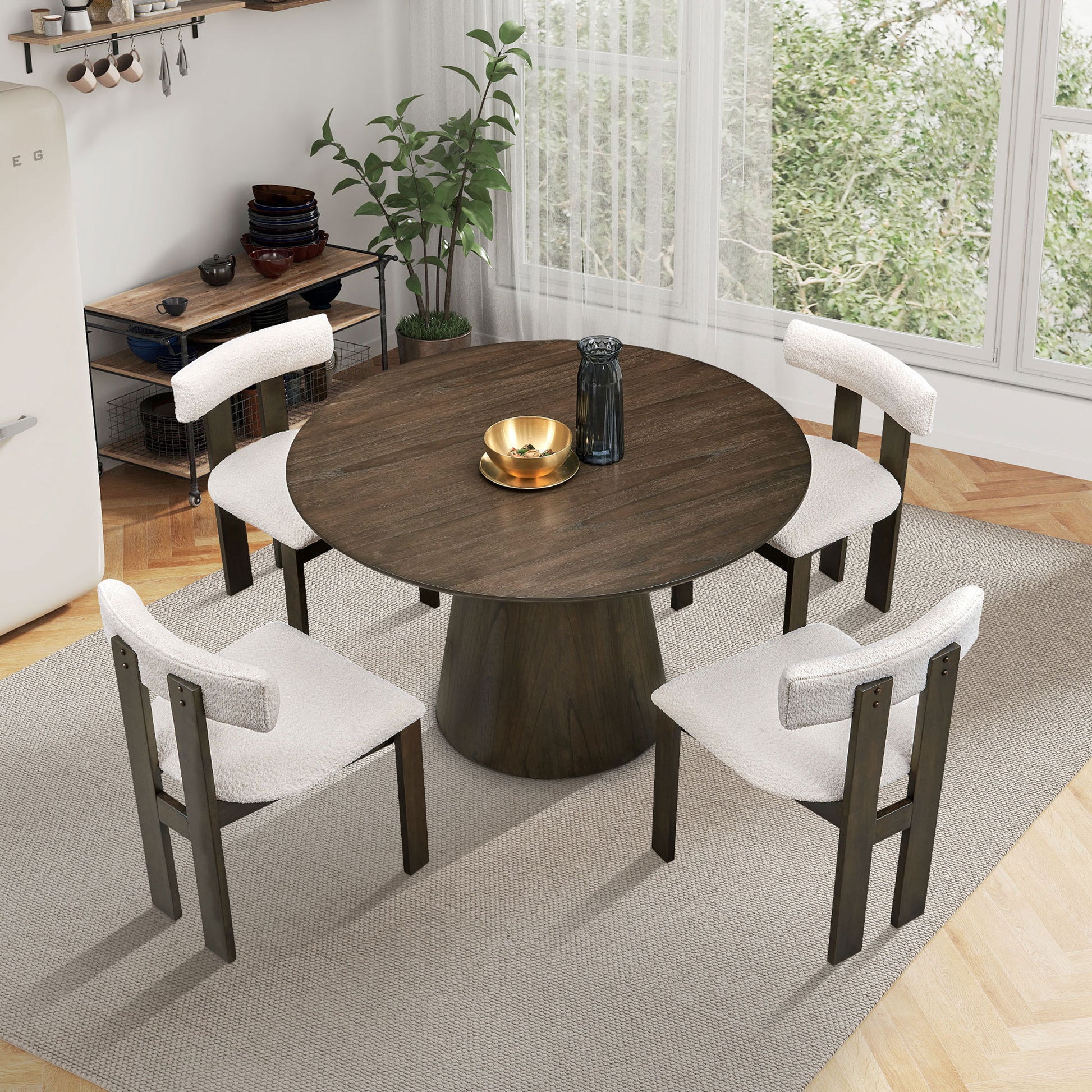 (1 Table with 4 Chairs)Wooden Dining Table Set, Modern Round MDF Kitchen Table and Boucle Upholstered Dining Chairs for Dining Room, Kitchen, Saving Space,Walnut