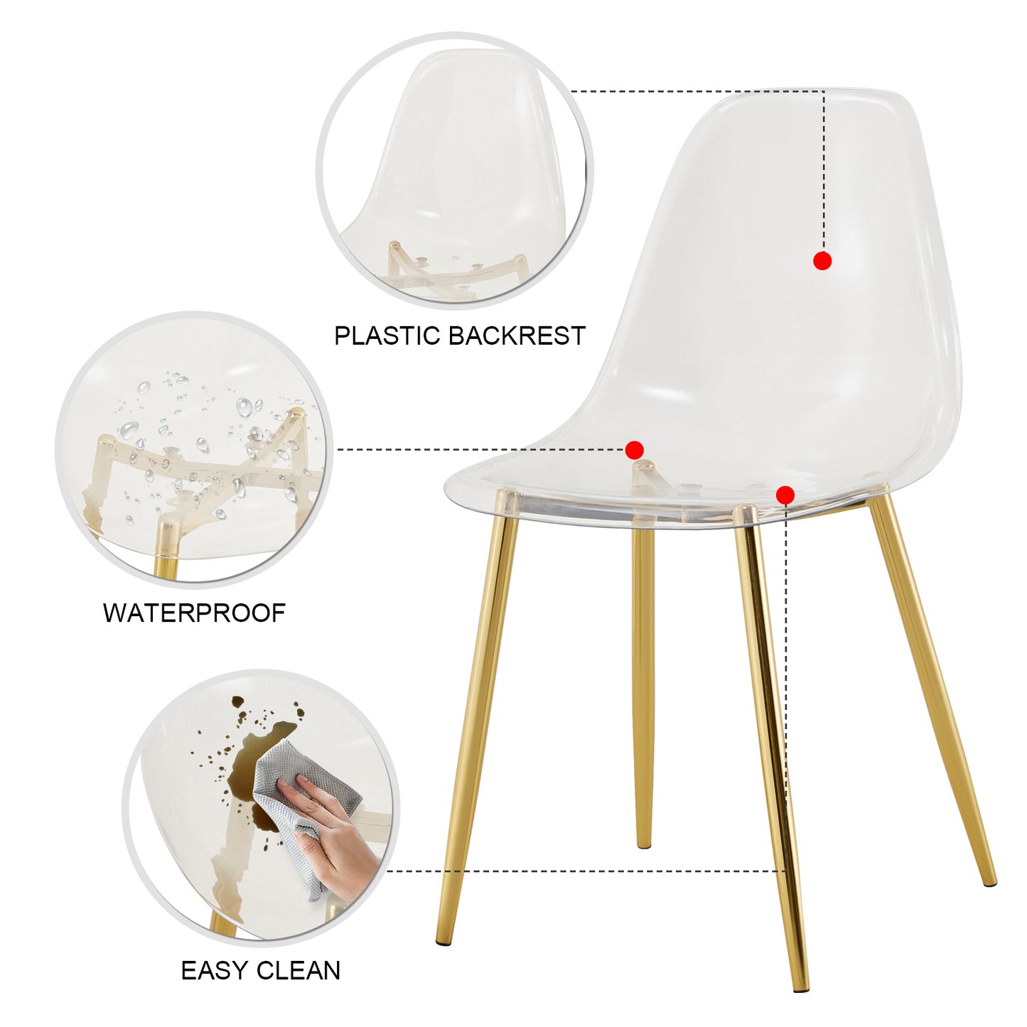 Table and chair set.Modern Luxurious Round Tempered Glass Dining Table Set-40*40 inch with 6 Transparent Plastic Dining Chair with Gold Metal Legs.Bring a comfortable home experience to the kitchen.