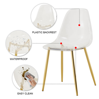 Table and chair set.Modern Luxurious Round Tempered Glass Dining Table Set-40*40 inch with 6 Transparent Plastic Dining Chair with Gold Metal Legs.Bring a comfortable home experience to the kitchen.