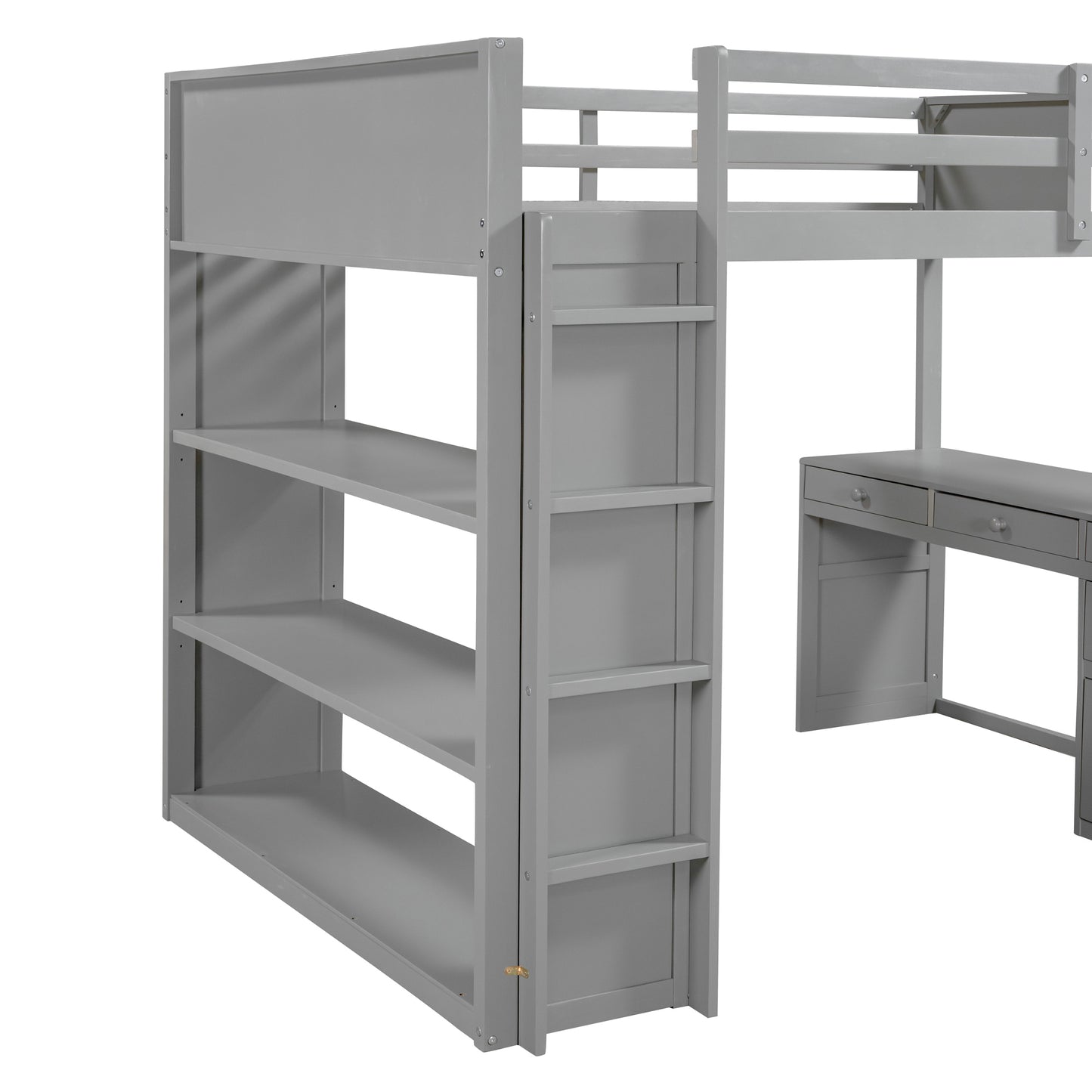 Full Size Loft Bed with Ladder, Shelves, and Desk, Gray