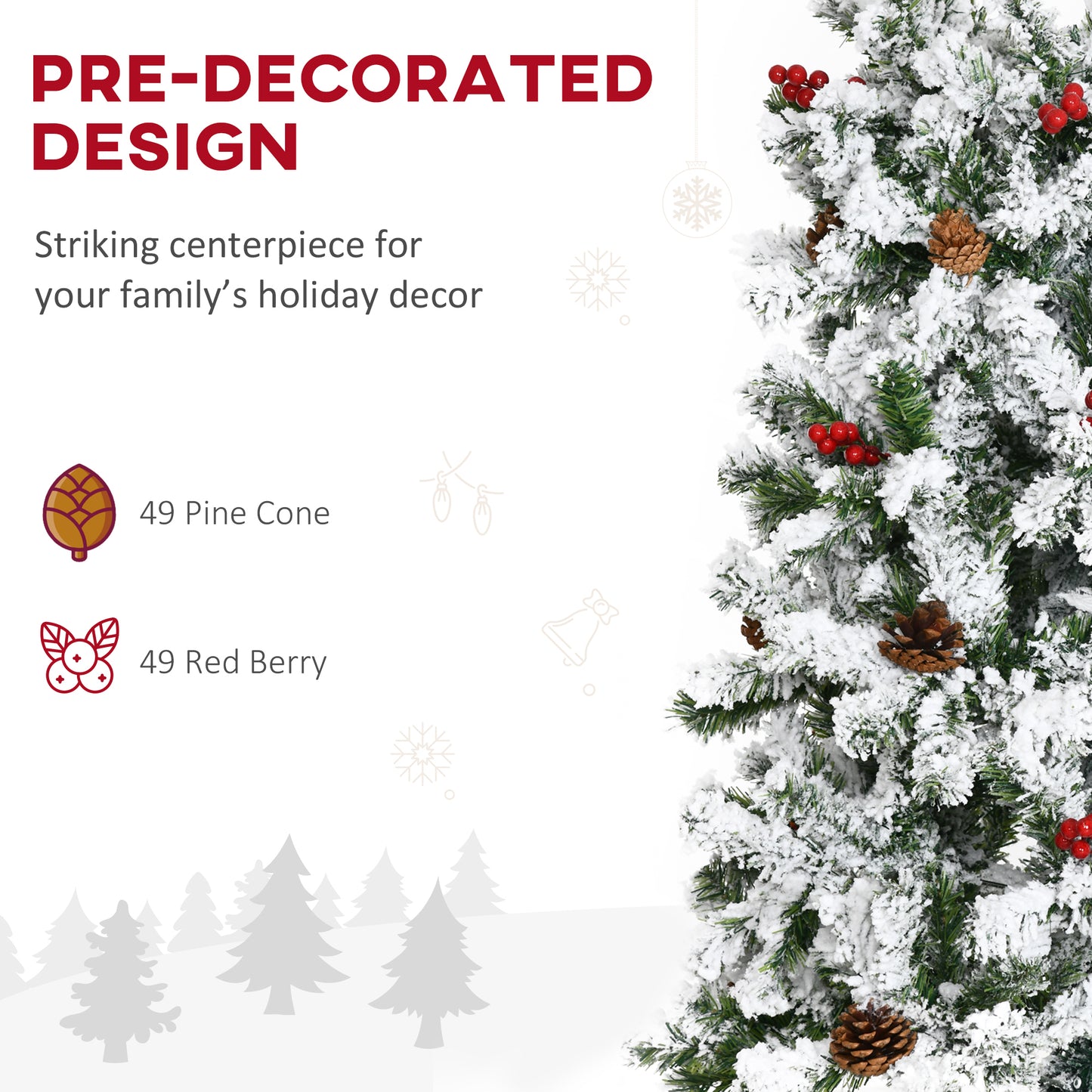 HOMCOM 9 Foot Pencil Snow Flocked Artificial Christmas Tree with Pine Realistic Branches, Pine Cones, Red Berries, Auto Open, Green