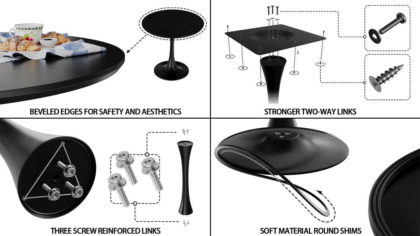 Black circular dining table, 31.5 "tulip dining table, kitchen dining table for 2-4 people, MDF tabletop and base, and 2 black PU black metal leg dining chairs set 2