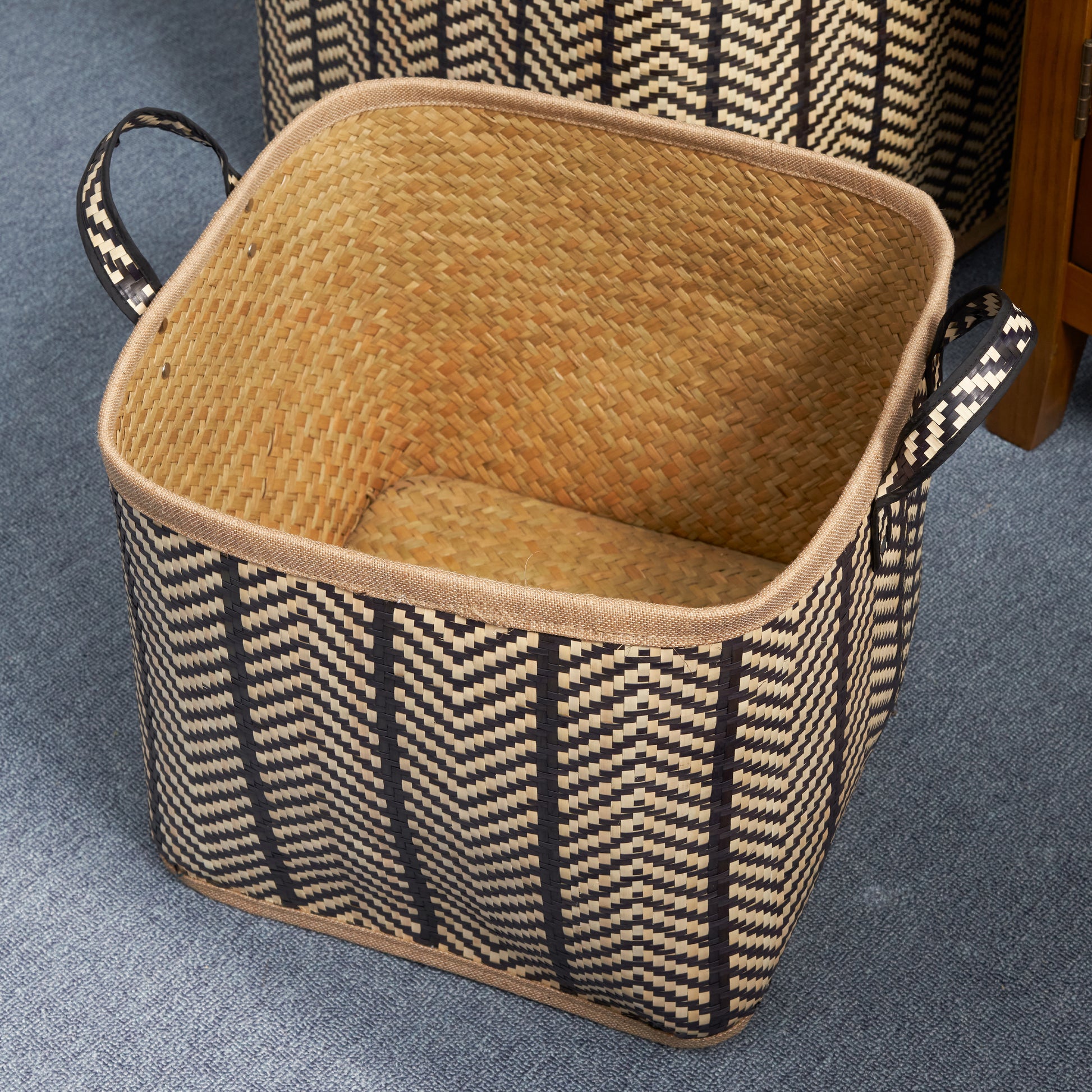 Square Palm Leaf Woven Wicker Storage Basket with Handles Set of 2 - 14" x 14" x 15" and 16" x 16" x 17" - Black and Brown - For Clothes, Books Storage, Picnic and Home Decoration