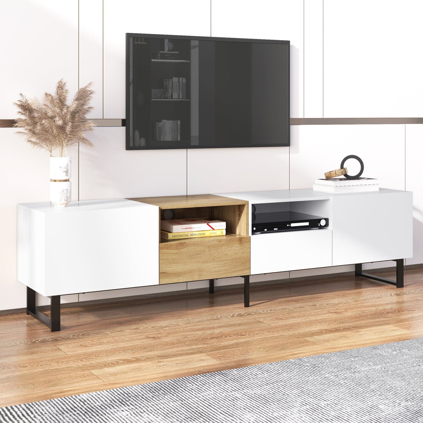 Modern TV Stand with 2 Cabinets& Open Storage Compartment, Color-matching Media Console Table for TVs up to 85'', Entertainment Center with Drop Down Door for Living Room, Bedroom, Home Theatre