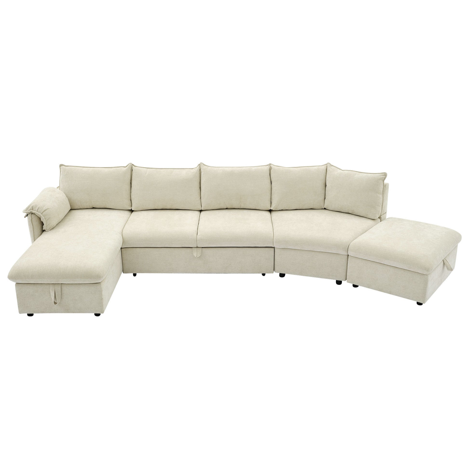 146.9" L-shaped Sofa Sectional Sofa Couch Pull-out Sofa Bed with a Movable Storage Ottoman, a Storage Chaise Lounge and Two USB Ports for Living Room, Beige