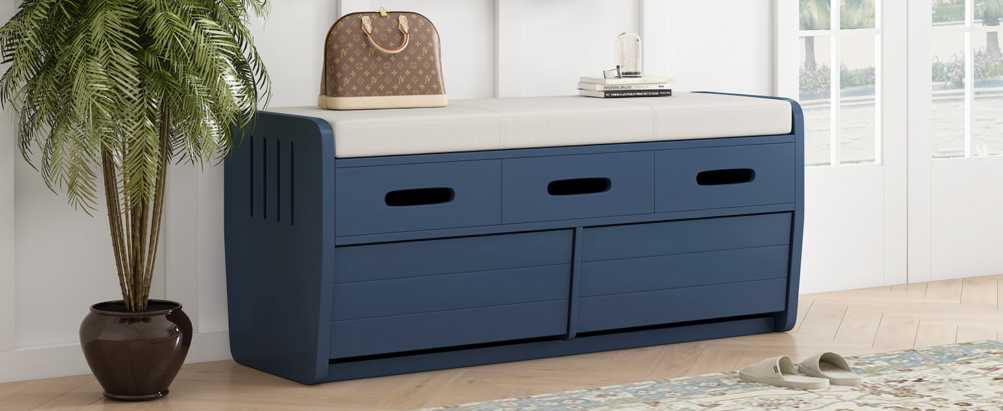 TREXM Rustic Storage Bench with 2 Drawers, Hidden Storage Space, and 3 False Drawers at the Top, Shoe Bench for Living Room, Entryway (Navy)