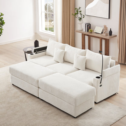 95.3" Modern Style 3-Seater Sofa Sectional Sofa Couch with Storage Space, Two Movable Ottomans, Two USB Ports, Two Cup Holders, A Phone Holder for Living Room, Beige