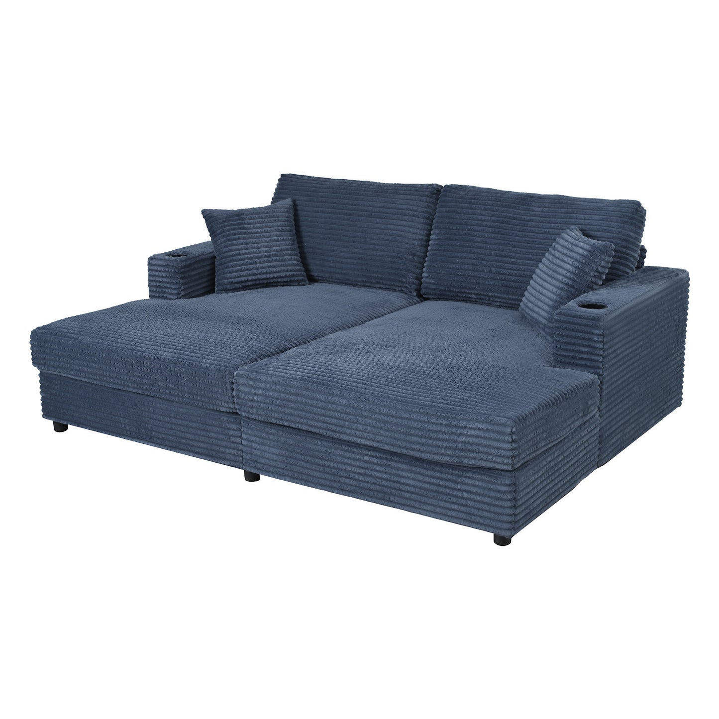 86.5" Oversized Loveseat Chaise Lounge Sectional Sofa Bed Corduroy Sleeper Sofa with Two USB Ports , Two Cup Holders and Two Throw Pillows for Living Room and Bedroom, Blue