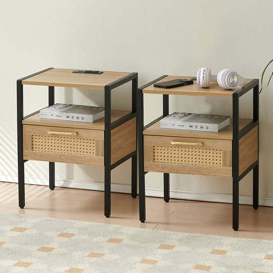 Set of 2, 15.75" Rattan End table with Power Outlet & USB Ports , Modern nightstand with drawer and metal legs, side table for living room, bedroom,natural