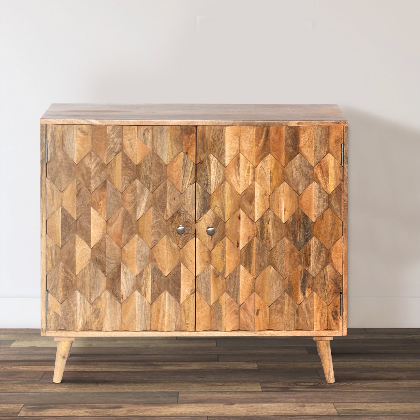 36 Inch Handcrafted Accent Cabinet, 2 Honeycomb Inlaid Doors, Mango Wood, Natural Brown