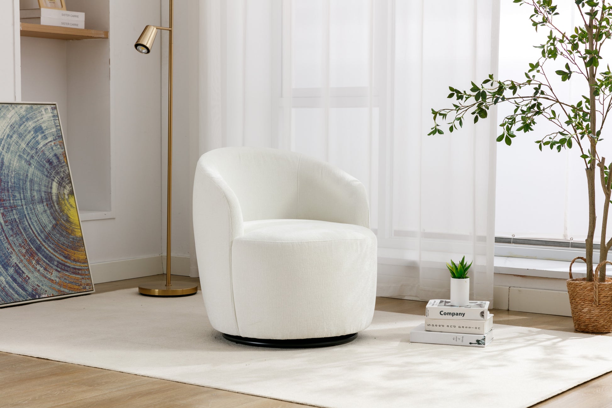 Chenille Fabric Swivel Accent Armchair Barrel Chair With Black Powder Coating Metal Ring,Ivory