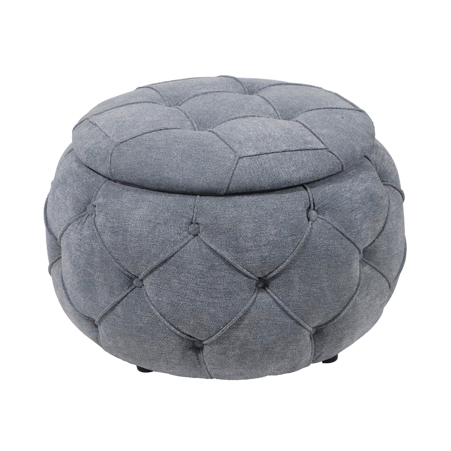 Large Button Tufted Woven Round Storage Ottoman  for Living Room & Bedroom,17.7"H Burlap Grey