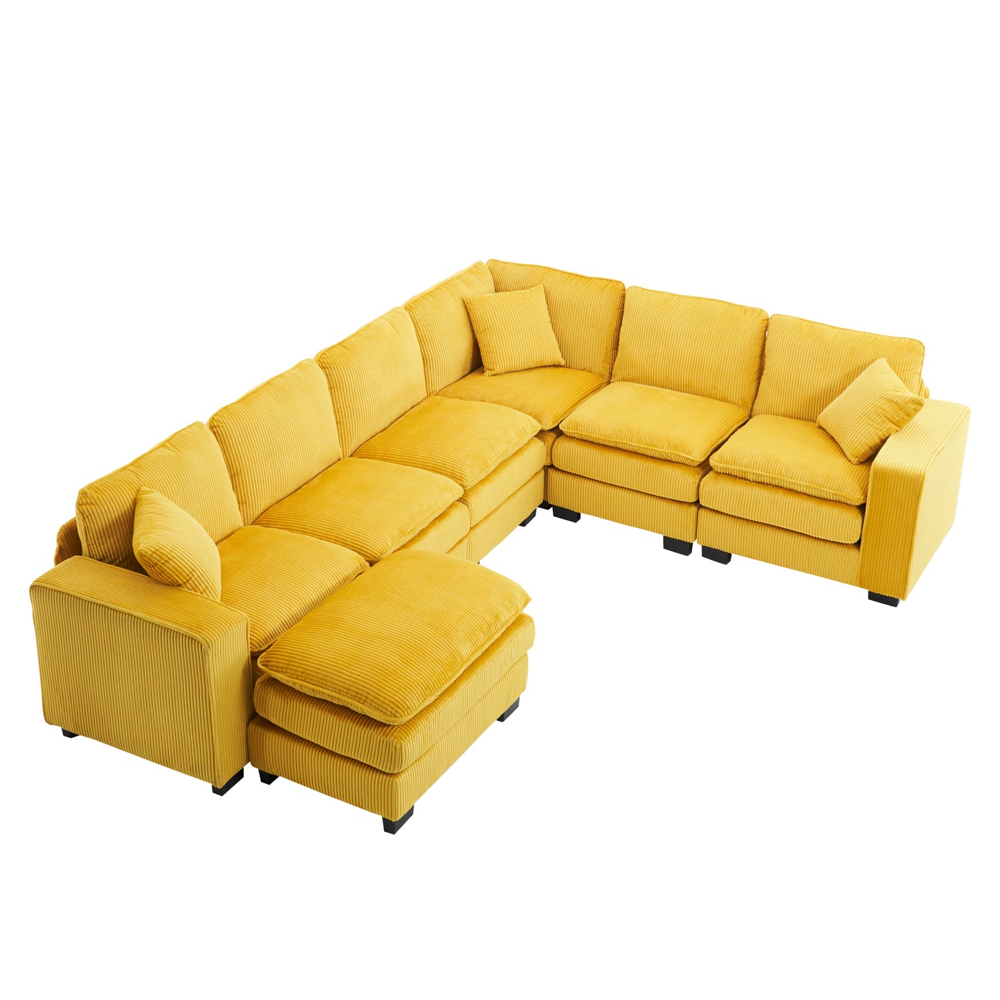 Modern U Shaped 6-seat Sectional Sofa Couch with one Ottoman and three toss pillows ,Modular Sofa for Living Room,Corduroy sofa