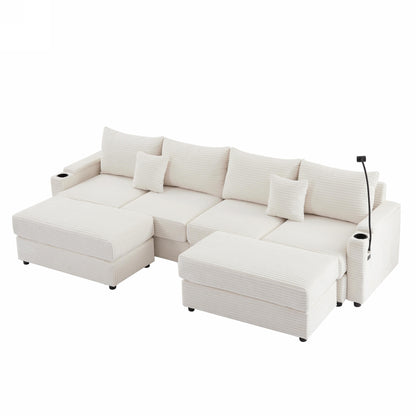 123.2" Modern Style 4-seater Sofa Sectional Sofa Couch with Storage Space, Two Movable Ottomans, Two USB Ports, Two Cup Holders, A Phone Holder for Living Room, Beige